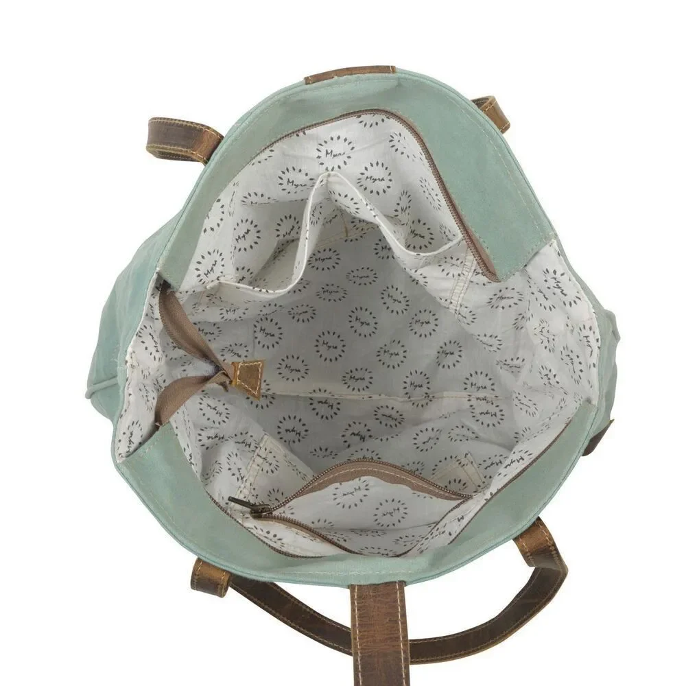Myra Bag Handmade Astra Tote Bag Upcycled Canvas & Cowhide Leather